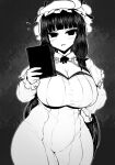  1girl blush book breasts cleavage commentary_request crescent crescent_hat_ornament curvy dress flying_sweatdrops greyscale hand_on_own_hip haseru_(ginku_mh) hat hat_ornament holding holding_book large_breasts long_hair long_sleeves looking_at_viewer mob_cap monochrome open_mouth patchouli_knowledge sidelocks solo touhou very_long_hair 