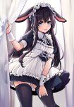  1girl animal_ears ao_no_neko black_thighhighs blue_eyes blush covering covering_crotch curtain_grab curtains highres long_hair looking_at_viewer maid maid_headdress open_mouth original puffy_short_sleeves puffy_sleeves rabbit_ears short_sleeves smile solo sweatdrop thighhighs wavy_mouth wrist_cuffs 