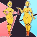  absurd_res animatronic anthro avian bird blue_eyes breasts butt chicken clothing duo female female/female five_nights_at_freddy&#039;s five_nights_at_freddy&#039;s_2 galliform gallus_(genus) genitals hi_res kevwrite machine panties phasianid pinup pose pussy robot scottgames simple_background toy_chica_(fnaf) underwear underwear_on_head yellow_body 