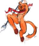  anthro arm_tuft crotch_tuft domestic_cat elbow_tuft eyes_closed featureless_crotch felid feline felis front_view fur hi_res holding_object holding_staff male mammal orange_body orange_fur orange_tail oselotti oselotti_(character) red_scarf scarf signature simple_background solo staff tail tuft white_background 