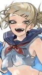 1girl :d absurdres bags_under_eyes bikini blonde_hair blue_sailor_collar boku_no_hero_academia crop_top double_bun fangs fengling_(furin-jp) hair_bun highres looking_at_viewer messy_hair neckerchief open_mouth sailor_collar slit_pupils smile solo swimsuit toga_himiko unfinished yellow_eyes yellow_neckerchief 