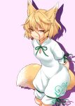  1girl animal_ears blonde_hair closed_mouth feet_out_of_frame fox_ears fox_tail fuuzasa green_ribbon hair_between_eyes highres kudamaki_tsukasa pink_background ribbon romper short_hair simple_background solo tail touhou white_romper yellow_eyes 