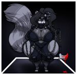 2023 5_fingers ailurid anthro big_breasts biped blood blood_on_weapon bodily_fluids border breasts camel_toe chain female fingers fishnet front_view hair hi_res holding_object holding_weapon huge_breasts kakureta_(skarlett_cynder) mammal monochrome ninja oblivionrising red_panda short_stack slightly_chubby slightly_chubby_anthro slightly_chubby_female solo spot_color warrior weapon white_border wide_hips 