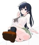  1girl absurdres after_sex after_vaginal ahoge ass black_hair black_socks blue_eyes blush breasts closed_mouth cum cum_in_pussy girls_und_panzer highres isuzu_hana large_breasts long_hair looking_at_viewer nandemo_kanden nipples no_bra no_panties ooarai_school_uniform pussy school_uniform see-through smile socks solo 