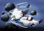  angry anthro bandai_namco breaking clenched_teeth digimon digimon_(species) digimon_ghost_game flying gammamon gekkart hi_res horn male rock solo teeth white_body wings yellow_eyes 