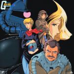  1970s_(style) 2boys 2girls absurdres amuro_ray black_eyes black_shirt blonde_hair blue_eyes blue_pants brown_cloak brown_hair cloak copyright_name cover crowley_hamon dvd_cover facial_hair gouf gundam helmet highres holding holding_helmet looking_at_viewer looking_up mecha mobile_suit mobile_suit_gundam multiple_boys multiple_girls mustache official_art one-eyed ousaka_hiroshi pants parted_lips pilot_helmet pilot_suit purple_eyes ramba_ral red_lips red_scarf retro_artstyle robot sayla_mass scarf science_fiction second-party_source shirt short_hair spacesuit yellow_shirt 