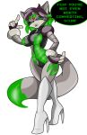  2022 4_fingers anthro big_breasts black_sclera boots breasts canid canine chaoscroc clothing corruption dialogue dipstick_tail english_text female fingers footwear fox glistening glistening_body glowing glowing_eyes green_body green_eyes green_highlights grey_body grey_hair hair hi_res high_heeled_boots high_heels highlights_(coloring) looking_at_viewer machine mammal markings multicolored_body robot robotization solo speech_bubble standing story story_in_description tail tail_markings talking_to_viewer text white_high_heels zyla_garthori_(zylo_garoh) 