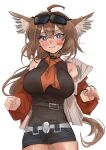  1girl absurdres aciddrop_(arknights) ahoge animal_ears arknights bandaid bandaid_on_cheek bandaid_on_face bare_shoulders belt bird_ears black_shirt black_shorts blue_eyes blush breasts bright_pupils brown_hair clenched_teeth cowboy_shot eyewear_on_head highres jacket kaguura_(kagu) large_breasts long_hair long_sleeves looking_at_viewer open_clothes open_jacket parted_lips red_jacket shirt short_shorts shorts simple_background solo sunglasses teeth very_long_hair white_background 