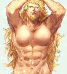  1boy abs ame_ekai arms_up bara blonde_hair completely_nude cowboy_shot facial_hair goatee groin hand_on_own_head highres killer_(one_piece) large_pectorals long_hair looking_at_viewer male_focus muscular muscular_male navel nipples nude one_piece pectorals smile solo wet wet_hair 