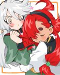  2girls ahoge asticassia_school_uniform black_hairband blush closed_eyes closed_mouth commentary_request embarrassed frown green_jacket grey_eyes grey_hair gundam gundam_suisei_no_majo hair_between_eyes hairband hand_up heart hug jacket long_hair long_sleeves low_ponytail miorine_rembran multiple_girls open_mouth red_hair sakusankarmin school_uniform shoulder_boards smile suletta_mercury sweatdrop swept_bangs thick_eyebrows upper_body v-shaped_eyebrows white_jacket wide_sleeves yuri 