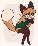  &lt;3 5:6 absurd_res anthro averi_(fiddleafox) blush brown_body brown_fur canid canine clothing dipstick_tail female female_anthro fox fur gloves_(marking) green_clothing green_eyes hair hi_res leg_markings looking_at_viewer mammal markings sitting socks_(marking) solo tagme tail tail_markings unknown_artist white_body white_fur 