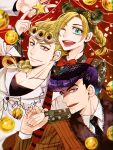  1girl alternate_costume black_hair blonde_hair blue_eyes bow bowtie christmas_ornaments cone_hair_bun diamond_wa_kudakenai double_bun formal fur-trimmed_jacket fur_trim giorno_giovanna green_eyes hair_bun higashikata_josuke highres jacket jojo_no_kimyou_na_bouken kujo_jolyne lipstick makeup merry_christmas mikan03260 multicolored_hair necktie one_eye_closed pectoral_cleavage pectorals pinstripe_jacket pinstripe_pattern purple_hair scarf star_ornament stole stone_ocean striped striped_scarf suit two-tone_hair vento_aureo 