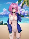  1girl absurd_fox absurdres arknights bare_shoulders beach blue_eyes blue_poison_(arknights) braid breasts choker closed_mouth hand_up highres jacket large_breasts medium_hair open_clothes open_jacket pink_hair solo standing swimsuit twin_braids white_swimsuit 