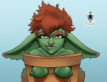  areola big_ears bite biting_lip biting_own_lip blue_background breasts brown_hair chair eyelashes female furniture gaz_(thetentaclespider) goblin green_areola green_body green_nipples green_skin hair humanoid humanoid_pointy_ears looking_at_viewer nipples notched_ear red_eyes sharp_teeth simple_background smile solo teeth thetentaclespider 