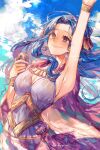  1girl armpits artist_name blue_hair blue_sky bracelet breasts cleavage cloud cloudy_sky dress earrings girikashi43 happy_tears highres hoop_earrings jewelry nefertari_vivi one_piece sky smile solo tears waving waving_arm white_dress 