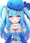  1girl bare_shoulders beret blue_dress blue_hair blue_headwear blue_nails blush commentary_request dress fried_egg fried_egg_on_toast hat heart heart-shaped_pupils highres jolly_estaa long_hair looking_at_viewer nenechi open_mouth pixela_project purple_eyes solo symbol-shaped_pupils thai_commentary two_side_up virtual_youtuber 