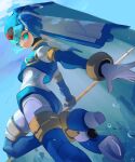  1girl air_bubble android armor blue_armor blue_eyes bodysuit bubble fish helmet high_heels highres holding holding_polearm holding_weapon knee_up mega_man_(series) mega_man_zero_(series) omochi_(mochi_skymega) outstretched_arms polearm robot_girl shadow spear twisted_torso underwater weapon 