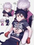  2boys animal_ears black_cat black_hair black_hoodie black_pants blush bone_print cat cat_boy cat_ears cat_tail child_on_child full-face_blush gloves grey_hair highres hood hood_down hoodie hug hug_from_behind implied_yaoi jacket kemono_jihen kiss kissing_neck kusaka_kabane long_sleeves looking_at_viewer male_child male_focus multiple_boys nervous pants purple_jacket red_eyes red_gloves short_hair short_sleeves shy skeleton_print spider_web_print tademaru_shiki tail wao_(77_af5) white_hair 