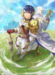 alfonse_(fire_emblem) armor blue_hair cape castle commentary_request faceless faceless_male feather_trim fire_emblem fire_emblem_cipher folkvangr gloves grass gun holding holding_gun holding_weapon hooded_robe kiran_(fire_emblem) kiran_(male)_(fire_emblem) leather leather_gloves matsurika_youko multicolored_hair outdoors robe scale_armor streaked_hair weapon 