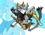  2023 absurd_res anthro antlers blue_eyes butt ceehaz clothing featureless_crotch female fur grey_body grey_fur hi_res horn jackalope lagomorph legwear mammal pseudoregalia solo sybil_(pseudoregalia) thigh_highs 