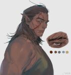  1boy baldur&#039;s_gate baldur&#039;s_gate_3 bara brown_hair dark-skinned_male dark_skin dungeons_and_dragons eye_focus forked_eyebrows from_side green_eyes hair_slicked_back halsin kaifei_(kaifei_29) large_pectorals long_hair looking_at_viewer male_focus mature_male muscular muscular_male pectorals pointy_ears sidepec smile solo thick_eyebrows upper_body 