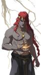 1boy abs absurdres alexineskiba arm_up black_skirt braid clenched_hand elden_ring gold_diadem gold_necklace highres holding jewelry looking_down muscular muscular_male necklace radagon_of_the_golden_order red_hair single_braid skirt topless_male yellow_eyes 
