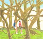  2boys absurdres bara bare_tree couple faceless faceless_male grass highres looking_up male_focus multiple_boys original painterly shirt short_hair shorts sitting_on_branch t-shirt tree walking white_shorts yaoi yuzhou_fei_gou 