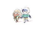  1boy 1girl a7_(akssr75810) aoyagi_touya azusawa_kohane black_footwear blue_hair blush commentary dark_blue_hair full_body holding_hands hood hood_up hooded_jacket jacket light_brown_hair long_sleeves mole mole_under_eye multicolored_hair official_alternate_costume project_sekai same_dreams_same_colors_(project_sekai) scarf short_twintails simple_background split-color_hair symbol-only_commentary twintails two-tone_hair white_background winter winter_clothes 