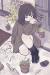  1girl absurdres black_eyes black_hair black_socks blush brown_coat bud closed_mouth coat gloves highres long_hair long_sleeves looking_at_viewer original plant potted_plant shoes sitting sneakers socks solo unworn_gloves work_gloves yunoki_itsugu 