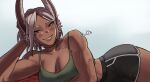  1girl animal_ears artist_name black_shorts blush boku_no_hero_academia breasts cleavage crop_top dark-skinned_female dark_skin eyelashes green_tank_top grey_hair grin gud0c highres looking_at_viewer lying mirko muscular muscular_female on_side rabbit_ears rabbit_girl red_eyes short_hair shorts smile solo tank_top 