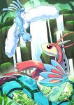  absurdres altaria black_eyes colored_sclera flying forest highres looking_at_another milotic nature no_humans outdoors partially_submerged plant pokemon pokemon_(creature) q-chan red_sclera river tree water waterfall 