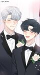  2boys absurdres bam_u black_bow black_bowtie black_hair blush bow bowtie cherry_blossoms_after_winter_(manhwa) closed_eyes highres jo_taesung male_focus multiple_boys rose_pin second-party_source seo_haebom smile wedding_photo white_hair yaoi 