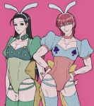  2boys alternate_costume animal_ears black_hair blue_leotard blue_thighhighs club_(shape) collarbone cowboy_shot earrings fake_animal_ears green_leotard green_thighhighs hands_on_own_hips highres hisoka_morow hunter_x_hunter illumi_zoldyck jewelry leotard long_hair looking_at_viewer male_focus male_playboy_bunny multiple_boys pectoral_cleavage pectorals pin pink_background playboy_bunny rabbit_ears red_hair short_hair simple_background smile spade_(shape) thighhighs wristband yellow_eyes yu_drm 