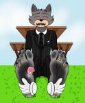  2021 5_toes absurd_res anthro barefoot black_bottomwear black_claws black_clothing black_necktie black_nose black_pants black_tie_(suit) blush bottomwear claws clothing cloud countershade_face countershading digit_ring dirty_feet disembodied_hand disembodied_tongue domestic_cat eyebrows eyes_closed feet felid feline felis first_person_view foot_fetish foot_focus foot_lick foot_play foot_rub front_view fur furniture furrzun gloves grass grey_body grey_fur grey_hair hair handwear hi_res jewelry licking male mammal napkin necktie pants picnic_table plant pockets prick_ears ring sharp_claws sharp_teeth sitting sky soles solo suit table teeth tickle_fetish tickle_torture tickling tickling_feet toe_claws toe_ring toes tongue tongue_out white_clothing white_gloves white_handwear 