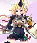  1girl antenna_hair armor asa_no_ha_(pattern) blonde_hair chrysanthemum clenched_hand flower hand_up hat highres holding holding_sword holding_weapon japanese_armor japanese_clothes kote long_hair low_ponytail oomihara open_mouth orange-bird out_of_frame purple_eyes short_sleeves shoulder_armor solo sword tate_eboshi teeth tenka_hyakken v-shaped_eyebrows weapon 