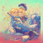  1boy 1girl absurdres blonde_hair blue_dress blue_eyes carrying dress hat heads_together highres link master_sword object_hug official_alternate_costume pointy_ears princess_carry princess_zelda princess_zelda_(botw) royal_guard_set_(zelda) sin_node the_legend_of_zelda the_legend_of_zelda:_breath_of_the_wild 