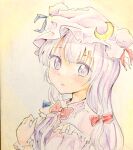  1girl bow bowtie colored_pencil_(medium) crescent crescent_hat_ornament hair_bow hat hat_ornament highres long_hair looking_at_viewer mob_cap orya_422 patchouli_knowledge purple_eyes purple_hair red_bow red_bowtie touhou traditional_media 