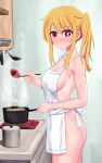  1girl absurdres apron back_bow blonde_hair blush bow breasts closed_mouth collarbone commentary cooking embarrassed english_commentary fingernails food from_side hair_between_eyes hair_ornament hands_up highres holding hoshino_ruby indoors izunomi kitchen long_fingernails long_hair looking_at_viewer medium_breasts naked_apron oshi_no_ko ponytail red_eyes saucepan side_ponytail sidelocks solo soup standing star_(symbol) star_hair_ornament steam symbol-shaped_pupils wall white_apron white_bow 