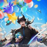  &gt;_&lt; 1boy :d ^_^ artist_name asymmetrical_horns balloon bird black_hair black_horns black_shirt blue_necktie blue_ribbon blue_sky blush breast_pocket closed_eyes cloud collared_shirt commentary day dress_shirt earth_(planet) english_commentary fangs gift glint hair_between_eyes hand_up heart highres holding holding_clothes holding_gift holding_jacket horns jacket jacket_removed long_sleeves male_focus necktie nijisanji nijisanji_en open_mouth outdoors planet pocket raineemeow ren_zotto ribbon shirt shirt_tucked_in short_hair sky smile star_(symbol) star_balloon teeth tongue twitter_username ufo virtual_youtuber watermark white_jacket wing_collar 