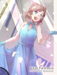  1girl :d animal_ears blue_dress blue_eyes blue_gloves breasts brown_hair cleavage copyright_name dress dutch_angle flymeteor gloves heterochromia highres indoors petals pixiv_fantasia pixiv_fantasia_scepter_of_zeraldia purple_eyes small_breasts smile solo standing 