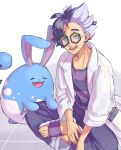  1boy :d ahoge asymmetrical_bangs azumarill black-framed_eyewear blue_eyes book bookmark closed_eyes coat commentary_request dean_(satori-fujioka) glasses hexagonal_eyewear highres jacq_(pokemon) lab_coat lapels long_sleeves looking_at_viewer male_focus multicolored_clothes multicolored_hair on_floor open_clothes open_coat open_mouth pants parted_bangs pocket pokemon pokemon_(creature) pokemon_(game) pokemon_sv purple_footwear purple_hair purple_pants purple_shirt round_teeth sandals shirt short_hair simple_background sitting smile striped striped_shirt teeth tile_floor tiles tongue two-tone_hair two-tone_shirt white_background white_coat 