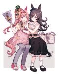  2girls animal_ears bag black_footwear black_skirt bobby_socks brown_hair carrot center_frills ear_bow ear_covers food food_on_face frills full_body grey_pants hair_intakes hair_over_one_eye hairband haru_urara_(umamusume) highres horse_ears horse_girl horse_tail invisible_chair long_hair mary_janes mask mask_on_head migolu multiple_girls open_mouth pants pink_hair pink_shirt ponytail purple_eyes rice_shower_(umamusume) sailor_collar shirt shoes short_sleeves simple_background sitting skewer skirt sleeveless sleeveless_shirt smile sneakers socks tail umamusume white_background white_socks wiping_mouth 