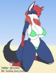  absurd_res anthro beach big_breasts big_nipples bikini bikini_bottom bikini_top black_body black_fur blue_body blue_fur breasts camel_toe canid canine clothing ears_up eye_makeup female fluffy fluffy_tail fox fur genital_outline green_clothing hair hi_res long_hair looking_at_viewer mammal nipples no_shading orange_eyes pawpads paws pussy_outline red_body red_fur red_hair seaside simple_background sitting_on_knees sketch small_clothes solo swimwear tail tenides thick_thighs white_body white_fur wide_hips 