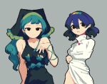  2girls 4qw5 apron bare_shoulders black_eyes blue_hair blush breasts cape capelet collared_cape expressionless frilled_headwear green_apron green_hair green_headwear green_ribbon grey_background hair_between_eyes hair_ornament hand_on_own_chest haniyasushin_keiki large_breasts long_hair medium_hair multiple_girls naked_apron naked_cape pixel_art pom_pom_(clothes) rainbow_hair_ornament rainbow_print ribbon simple_background tenkyuu_chimata touhou white_capelet 