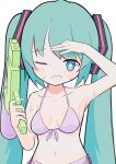  +_+ 1girl :d absurdres aqua_eyes aqua_hair arm_up armpits bikini blush breasts bright_pupils collarbone dokokanokabi dot_nose furrowed_brow hand_on_forehead hatsune_miku highres holding holding_water_gun long_hair looking_at_viewer navel one_eye_closed open_mouth pink_bikini salute shading_eyes simple_background small_breasts smile solo straight-on sweat swimsuit twintails upper_body very_long_hair vocaloid water_gun white_background white_pupils 