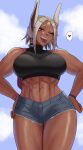  1girl ;p abs animal_ears artist_name backpack bag bare_shoulders black_sports_bra blush boku_no_hero_academia breasts cloud cloudy_sky cutoffs dark-skinned_female dark_skin denim denim_shorts eyewear_on_head gud0c hands_on_own_hips heart highres large_breasts long_eyelashes looking_at_viewer mirko muscular muscular_female navel one_eye_closed parted_bangs rabbit_ears rabbit_girl raised_eyebrow red_eyes short_hair short_shorts shorts sky smile solo spoken_heart sports_bra stomach sweat teeth thick_thighs thighs tongue tongue_out turtleneck upper_teeth_only veins veiny_arms white_hair wristband yellow-framed_eyewear 