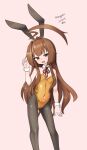  1girl absurdres ahoge alternate_costume animal_ears black_leotard bow bowtie breasts brown_eyes brown_hair covered_navel detached_collar feet_out_of_frame highres huge_ahoge kantai_collection kuma_(kancolle) leotard long_hair maru_(marg0613) neck_ribbon one-hour_drawing_challenge orange_leotard pantyhose playboy_bunny rabbit_ears red_ribbon ribbon small_breasts solo strapless strapless_leotard wrist_cuffs 