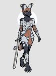  african_wild_dog anthro bandage canid canine clothing female fiskofisko hooped_earrings mammal melee_weapon sang_(sang:_the_desert_blade) solo sword underwear weapon 