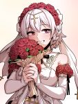  1girl absurdres bangs bare_shoulders blush bouquet braid breasts commentary_request cross detached_sleeves dress flower gigle grin hair_between_eyes hair_flower hair_ornament highres holding holding_bouquet honkai_(series) honkai_impact_3rd jewelry korean_commentary latin_cross long_sleeves looking_at_viewer medium_breasts purple_eyes red_flower red_rose ring rose sleeveless sleeveless_dress sleeves_past_wrists smile solo theresa_apocalypse theresa_apocalypse_(luna_kindred) upper_body white_dress white_hair white_sleeves 
