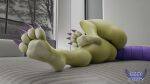  3d_(artwork) absurd_res anthro barefoot bed bedroom butt claws digital_media_(artwork) dragon feet female foot_focus furniture green_body green_scales hi_res inside juna_june_(lizzyglizzy) lizzyglizzy lying lying_on_bed nude on_bed scales scalie solo thick_thighs toe_claws 